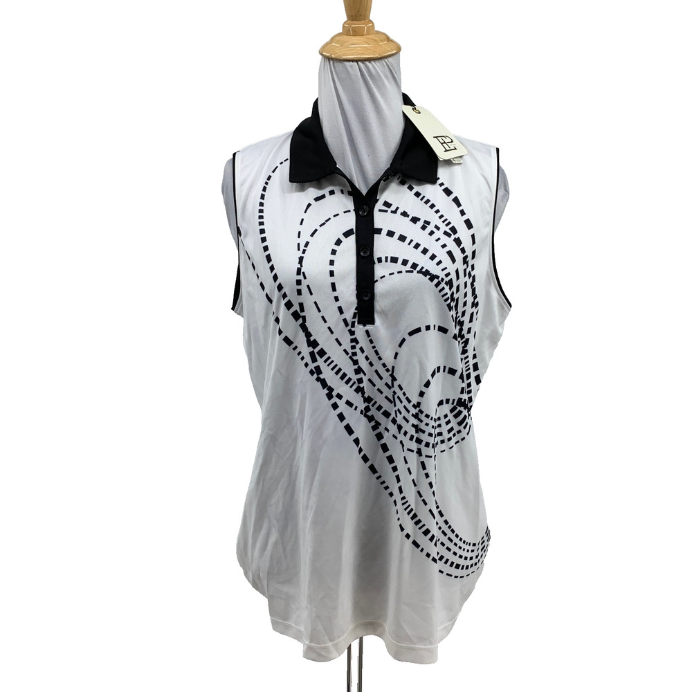 EP Pro Polo Shirt Womens L Large White Black Sleeveless Printed Performance Golf